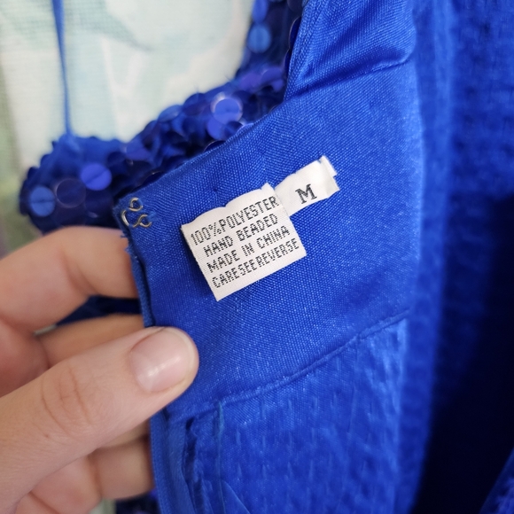 Blue Sequin 90's Vintage Off Shoulder Long Sleeve Mini Dress - Picture 9 of 11